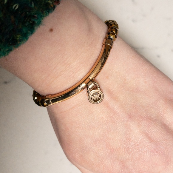 MK Michael Kors Bronze Tone Beaded Stretch Gem Padlock Bracelet One Size - Picture 9 of 9